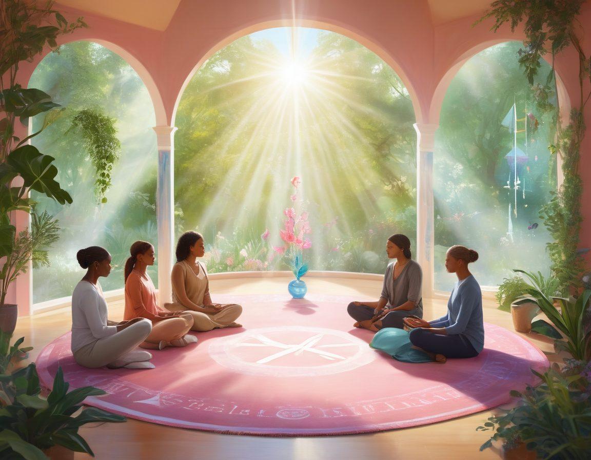 A serene scene showcasing a diverse group of individuals engaged in a discussion circle, surrounded by symbols of wellness such as plants, crystals, and holistic healing tools. Soft sunlight filters through, creating a warm atmosphere. Include visual representations of cancer awareness ribbons and uplifting quotes in the backdrop. A sense of empowerment and community radiates throughout the image. vibrant colors. painting.