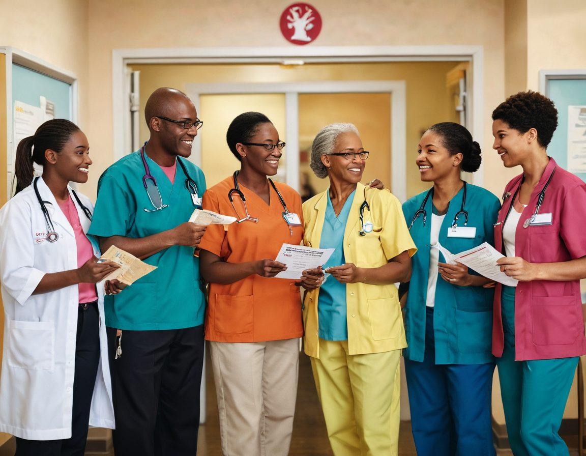 A hopeful scene depicting a diverse group of individuals collaboratively navigating a healthcare setting, sharing stories of resilience and support against a backdrop of a hospital or clinic. Emphasize warm colors and expressions of empathy, with symbols of cancer awareness like ribbons subtly integrated into the environment. Include elements like informational pamphlets and supportive gestures, illustrating community strength. super-realistic. warm colors. uplifting atmosphere.