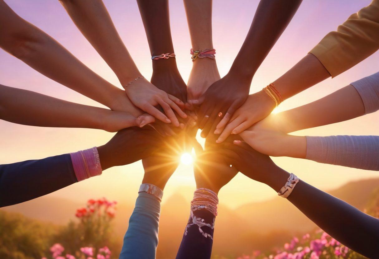 A heartwarming scene depicting a diverse group of cancer survivors holding hands in a supportive circle, radiating hope and resilience. Include symbols of strength like ribbons and flowers around them, with a soft, uplifting background of a sunrise. Capture the emotions of empowerment, community, and healing. super-realistic. vibrant colors. soft focus.